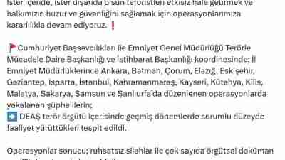 İçişleri Bakanı Ali Yerlikaya, son bir haftada 16 ilde DEAŞ