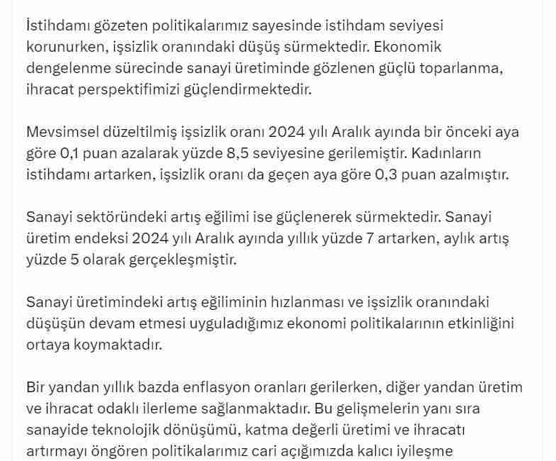 Sanayi Üretimi ve İstihdam Artıyor Cumhurbaşkanı Yardımcısı Cevdet Yılmaz, Türkiye
