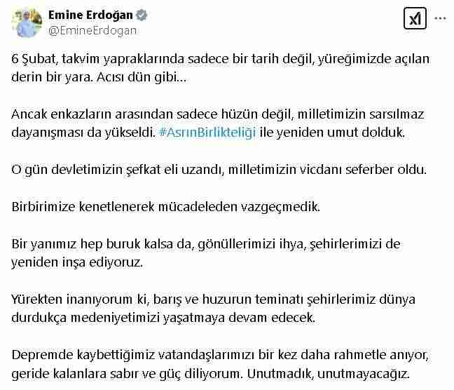 Cumhurbaşkanı Recep Tayyip Erdoğan’ın eşi Emine Erdoğan, 6 Şubat 2023’te