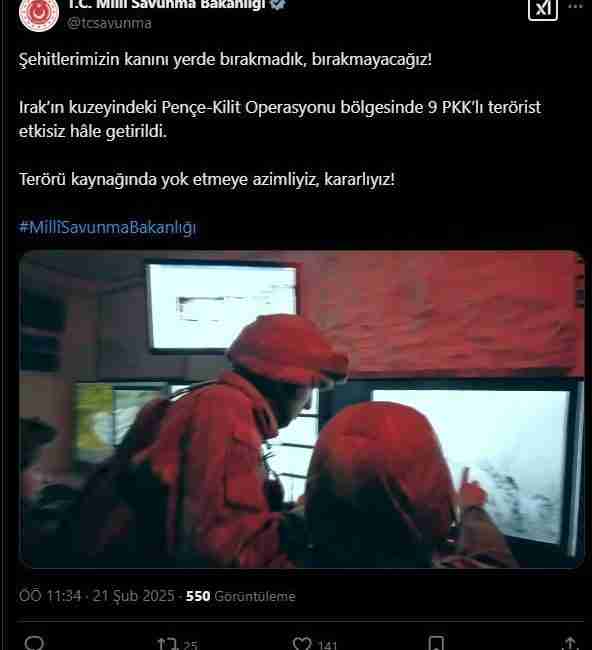 Milli Savunma Bakanlığı (MSB), Irak’ın kuzeyinde yürütülen Pençe-Kilit Operasyonu kapsamında