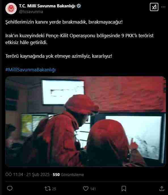 Milli Savunma Bakanlığı (MSB), Irak’ın kuzeyinde yürütülen Pençe-Kilit Operasyonu kapsamında