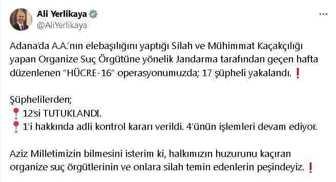 Organize Suç Örgütüne Darbe İçişleri Bakanı Ali Yerlikaya, Adana’da silah