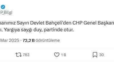 Milliyetçi Hareket Partisi (MHP), sosyal medya hesabından yaptığı paylaşımda CHP