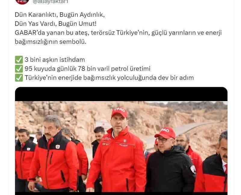 Enerji ve Tabii Kaynaklar Bakanı Alparslan Bayraktar, Gabar’da petrol üretiminin