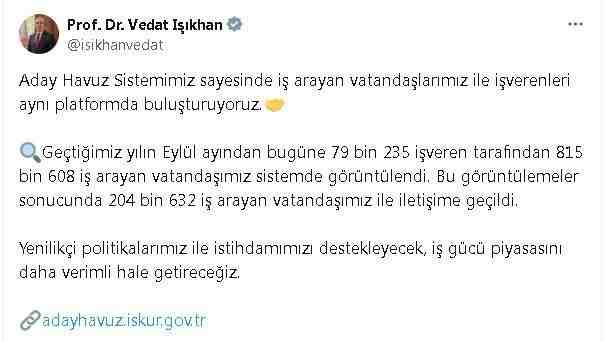 Çalışma ve Sosyal Güvenlik Bakanı Vedat Işıkhan, Aday Havuz Sistemi’nin