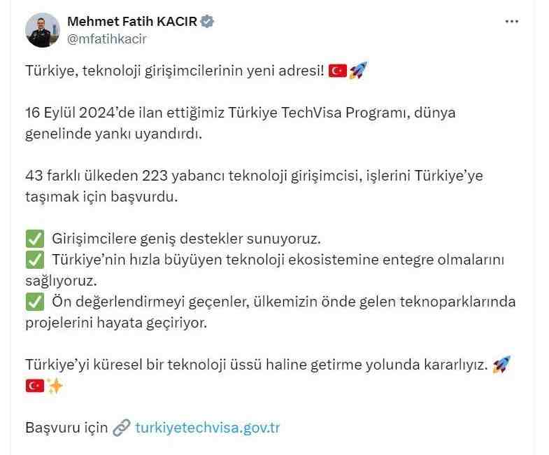 Sanayi ve Teknoloji Bakanı Mehmet Fatih Kacır, Türkiye TechVisa Programı’na