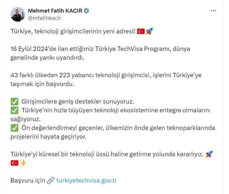 Sanayi ve Teknoloji Bakanı Mehmet Fatih Kacır, Türkiye TechVisa Programı’na