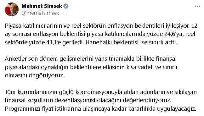 Hazine ve Maliye Bakanı Mehmet Şimşek, finansal piyasalardaki oynaklığın enflasyon