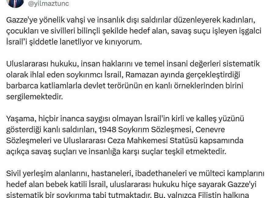 Adalet Bakanı Yılmaz Tunç’tan İsrail’e Sert Tepki: “Savaş Suçları İşleniyor” Adalet Bakanı Yılmaz Tunç, Gazze’ye yönelik saldırılar nedeniyle İsrail’i sert