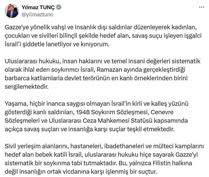 Adalet Bakanı Yılmaz Tunç, Gazze’ye yönelik saldırılar nedeniyle İsrail’i sert