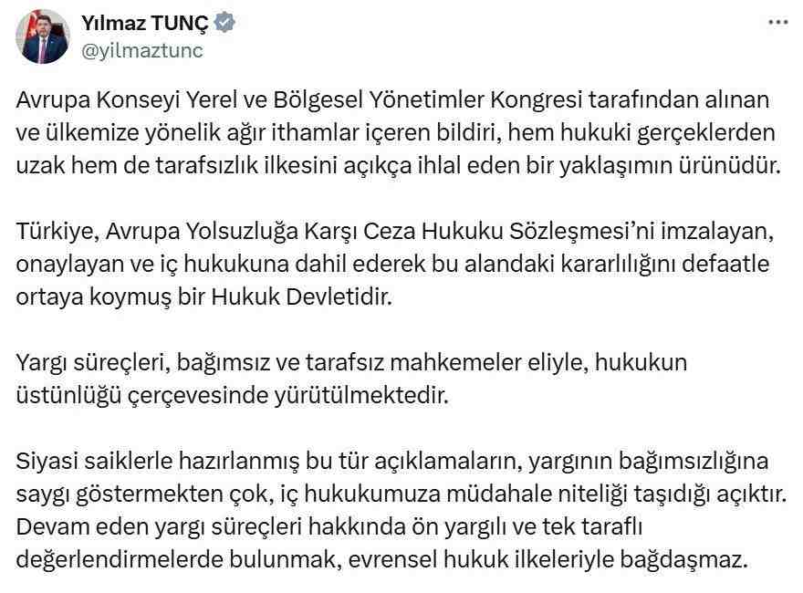Adalet Bakanı Tunç’tan Avrupa Konseyi’ne Sert Tepki Adalet Bakanı Yılmaz Tunç, Avrupa Konseyi Yerel ve Bölgesel Yönetimler