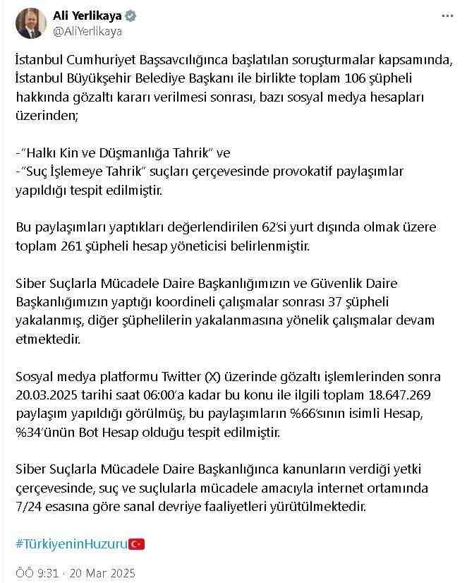 İçişleri Bakanı Ali Yerlikaya, İstanbul Büyükşehir Belediye Başkanı Ekrem İmamoğlu’nun
