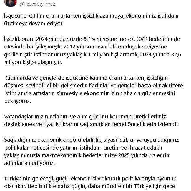 Cumhurbaşkanı Yardımcısı Cevdet Yılmaz, iş gücü istatistiklerine ilişkin yaptığı açıklamada