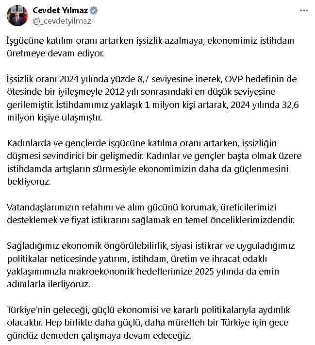 Cumhurbaşkanı Yardımcısı Cevdet Yılmaz, iş gücü istatistiklerine ilişkin yaptığı açıklamada
