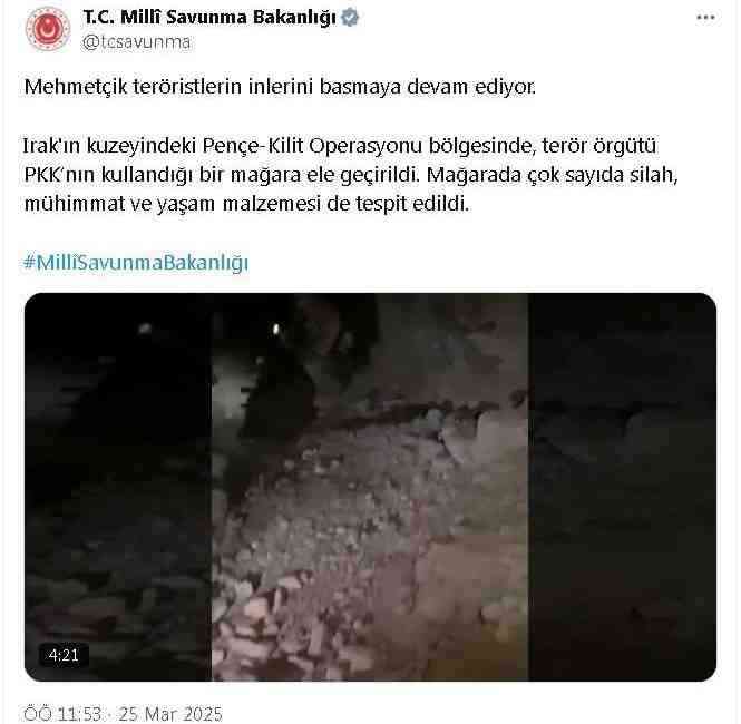 Milli Savunma Bakanlığı (MSB), Irak’ın kuzeyindeki Pençe-Kilit Operasyonu bölgesinde terör