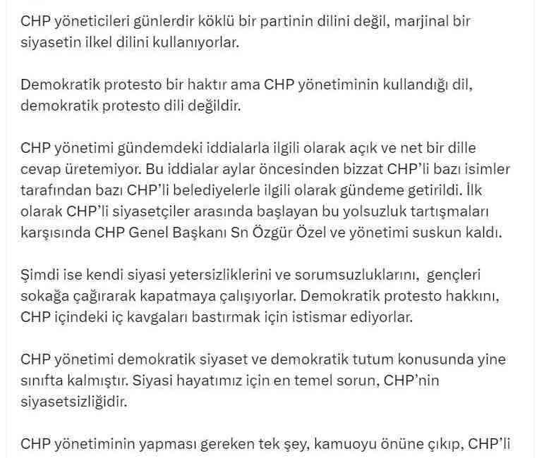 “CHP, Marjinal Bir Siyasetin İlkel Dilini Kullanıyor” AK Parti Genel