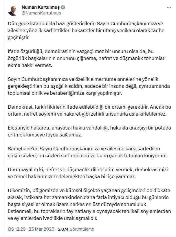 “Nefret ve Düşmanlık Dili Demokrasimizi Zedeler” TBMM Başkanı Numan Kurtulmuş,