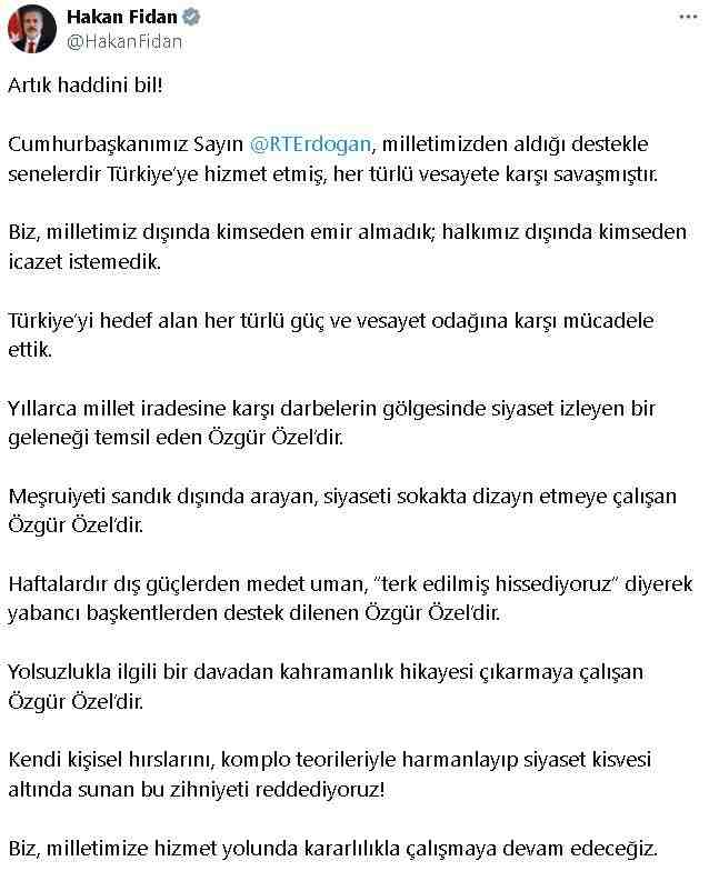 Fidan: “Kendi kişisel hırslarını, komplo teorileriyle harmanlayan bu zihniyeti reddediyoruz”