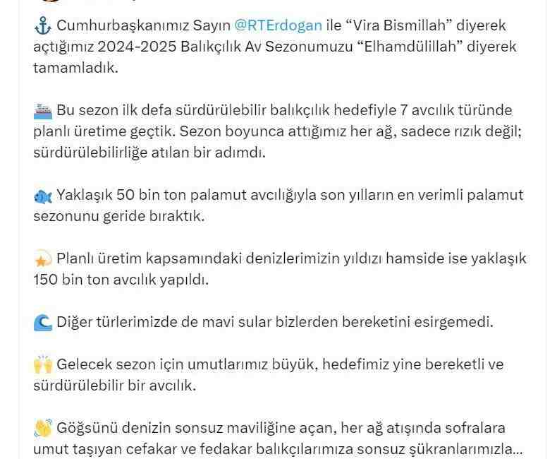 Tarım ve Orman Bakanı İbrahim Yumaklı, 2024-2025 balıkçılık av sezonunun