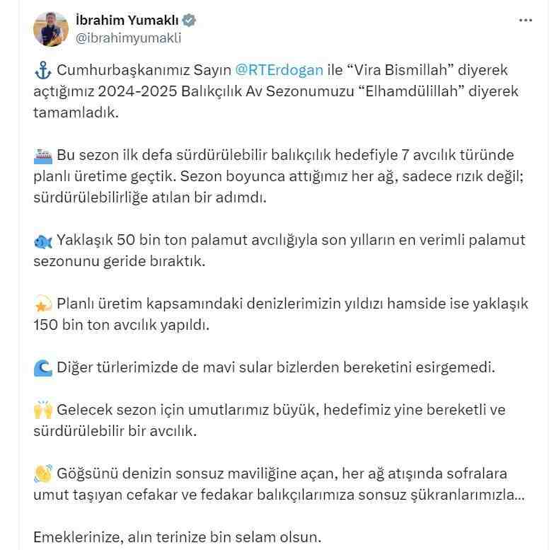 Tarım ve Orman Bakanı İbrahim Yumaklı, 2024-2025 balıkçılık av sezonunun