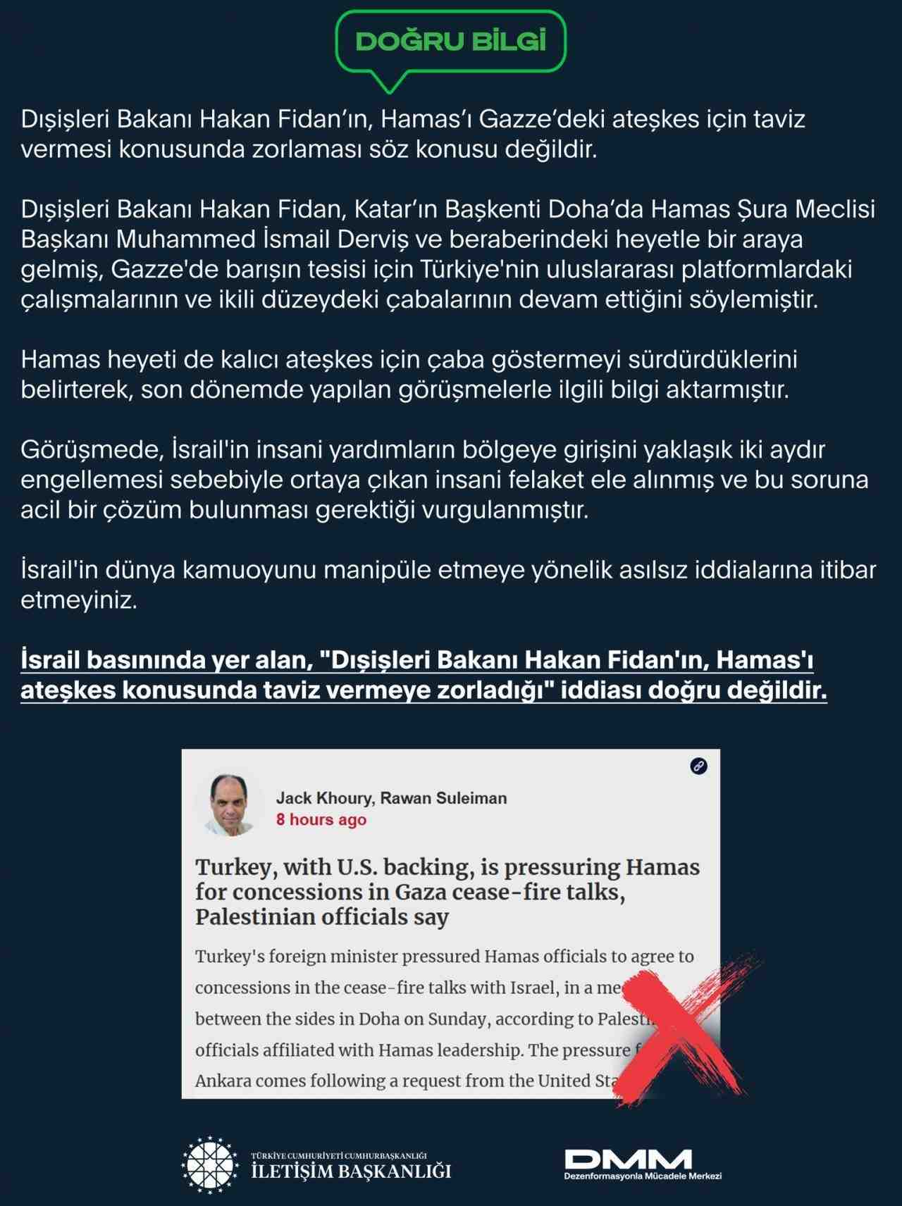 İsrail Basınında Yer Alan İddialara Yalanlama Cumhurbaşkanlığı İletişim Başkanlığı Dezenformasyonla