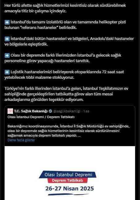 Ulusal Marmara Deprem Tatbikatı Başarıyla Gerçekleştirildi Sağlık Bakanlığı koordinesinde İstanbul