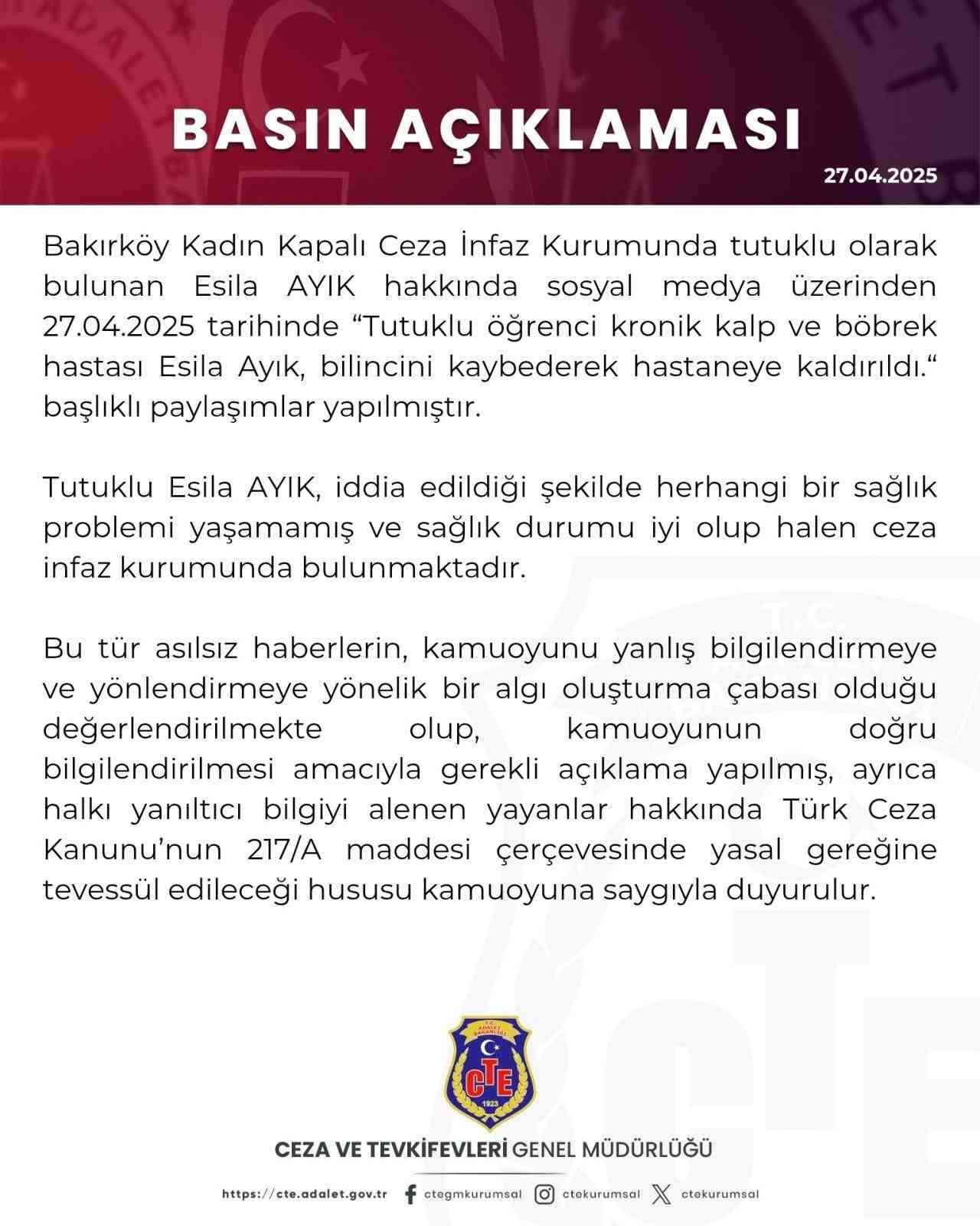 Sosyal Medyadaki İddialar Gerçek Dışıdır Bakırköy Kadın Kapalı Ceza İnfaz