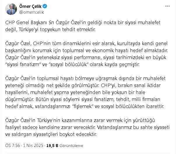 AK Parti Sözcüsü Ömer Çelik, CHP Genel Başkanı Özgür Özel’i