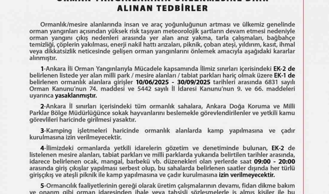 Ankara Valiliği, yaz aylarında artan yangın riski nedeniyle 10 Haziran-30