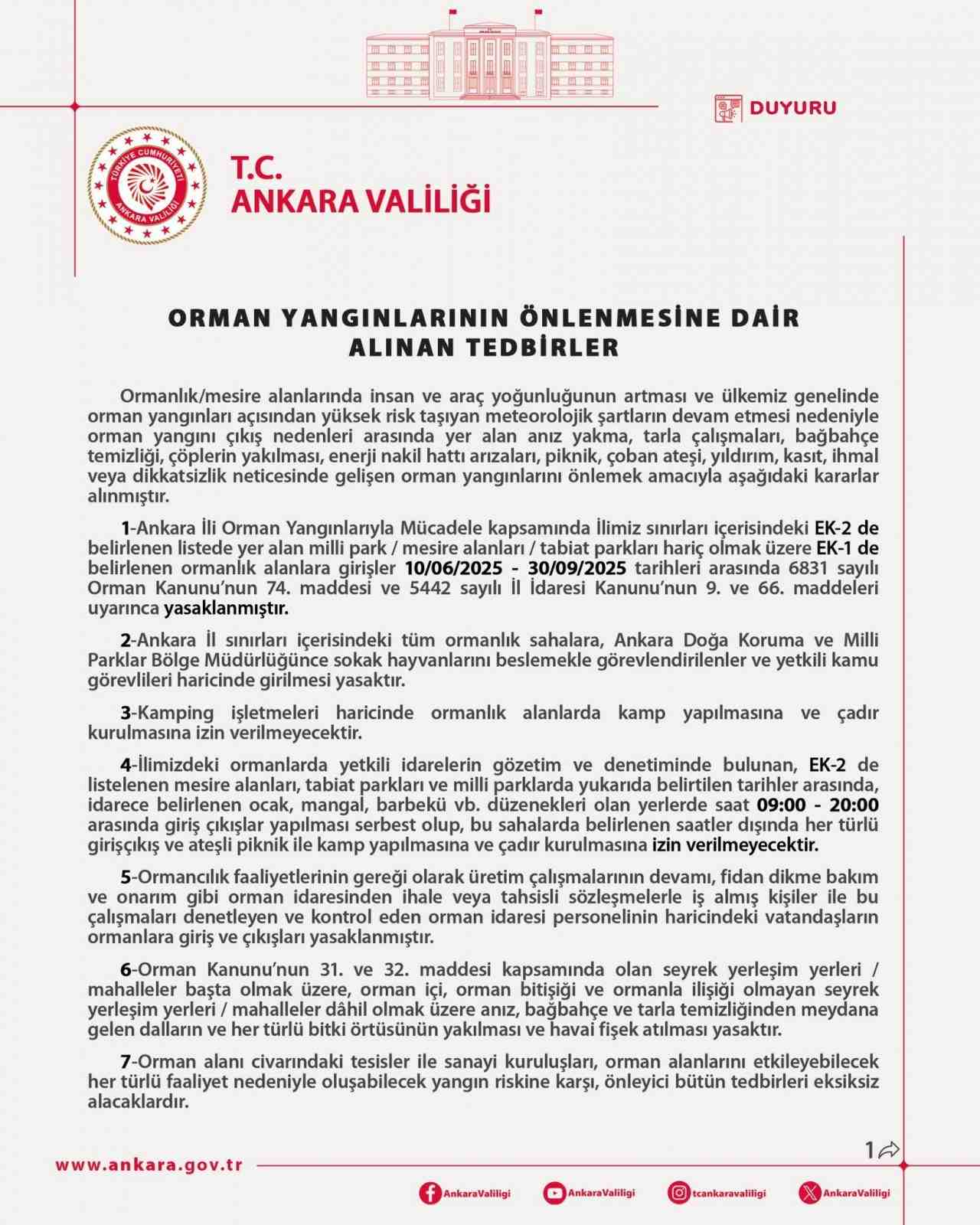 Ankara Valiliği, yaz aylarında artan yangın riski nedeniyle 10 Haziran-30