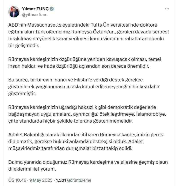 Adalet Bakanı Yılmaz Tunç, ABD’de görülen davada serbest bırakılmasına karar