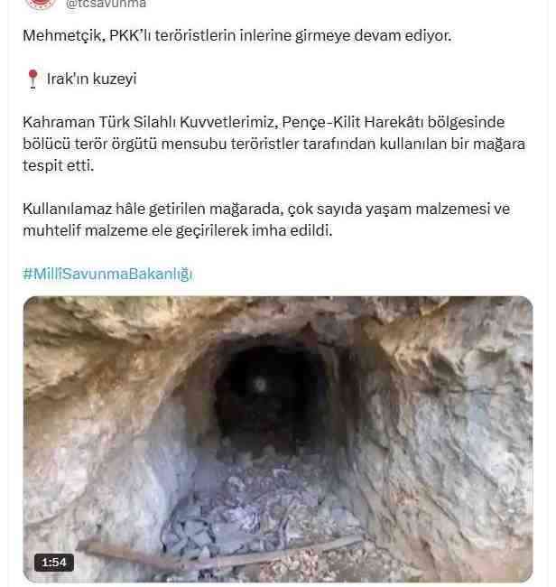 Milli Savunma Bakanlığı, Pençe-Kilit Harekatı bölgesinde tespit edilen terörist mağarasından