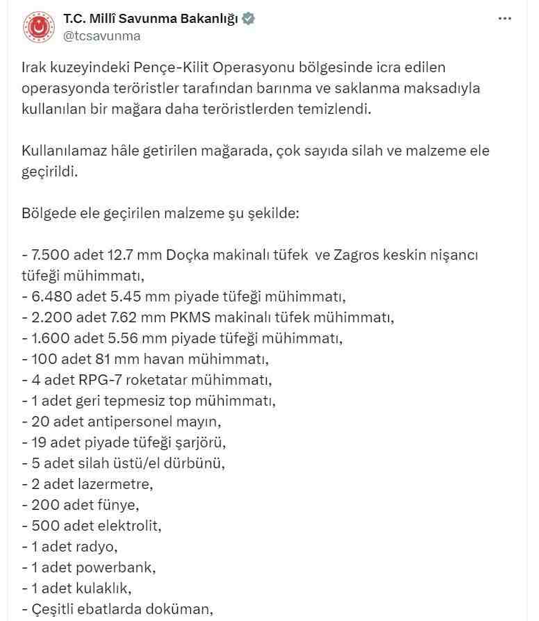 MSB: Mağara Kullanılamaz Hale GetirildiMilli Savunma Bakanlığı (MSB), Irak’ın kuzeyinde