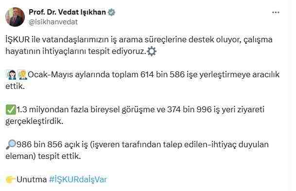 Çalışma ve Sosyal Güvenlik Bakanı Vedat Işıkhan, 2025 yılının ocak-mayıs