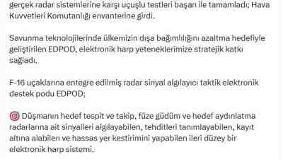 F-16’lara Yerli Elektronik Destek PoduSanayi ve Teknoloji Bakanı Mehmet Fatih