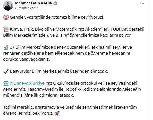 7 ve 8. Sınıf Öğrencilerine Özel Bilim Yaz AkademileriSanayi ve