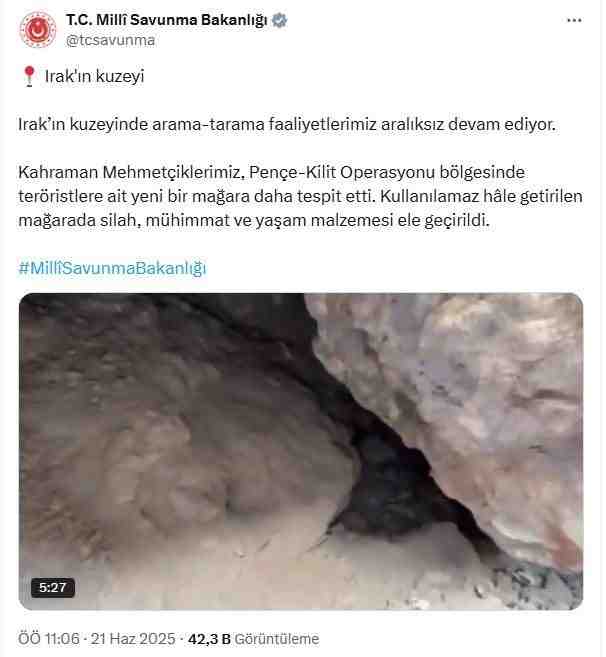 Milli Savunma Bakanlığı (MSB), Irak’ın kuzeyinde devam eden Pençe-Kilit Operasyonu