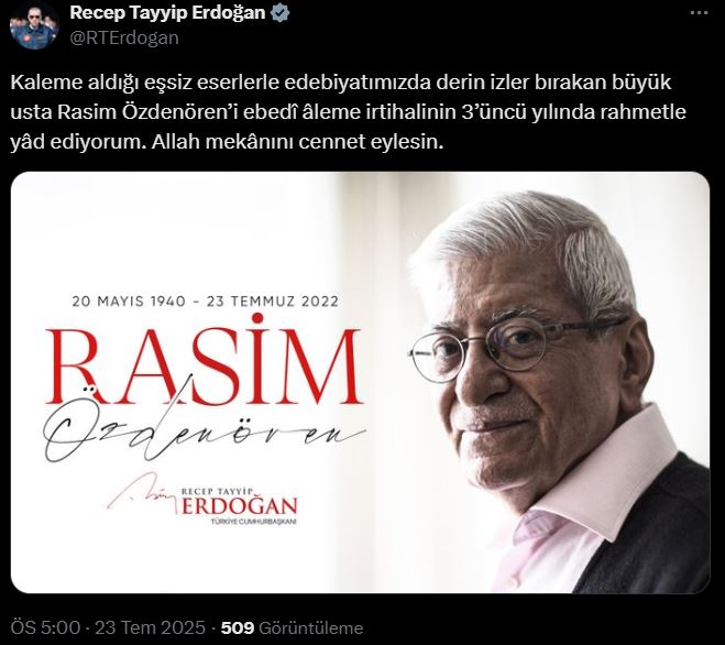 Cumhurbaşkanı Recep Tayyip Erdoğan, öykü ve deneme yazarı Rasim Özdenören’i