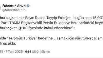 Cumhurbaşkanı Recep Tayyip Erdoğan, bugün saat 15.00’te DEM Parti heyetiyle