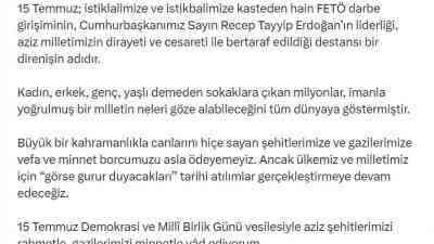 15 Temmuz’un yıl dönümünde anlamlı mesajCumhurbaşkanlığı İletişim Başkanı Burhanettin Duran,
