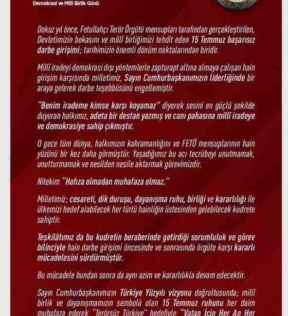 “Milletimiz, iradesine sahip çıkarak tarihi bir destan yazdı”Milli İstihbarat Teşkilatı