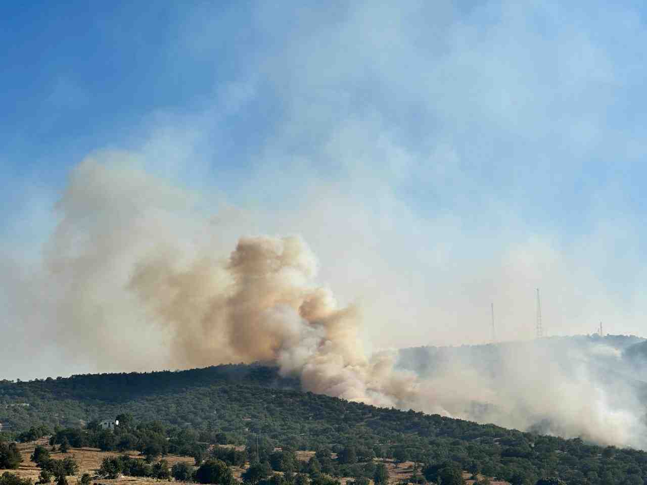 Uşak’ın Eşme ilçesinde tarım arazisinde başlayan yangın, rüzgarın etkisiyle büyüyerek