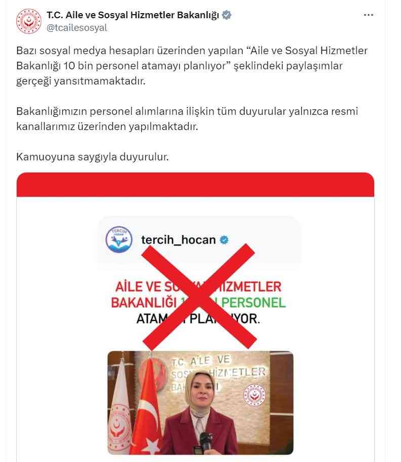 Aile ve Sosyal Hizmetler Bakanlığı, sosyal medya üzerinden yayılan “Bakanlık