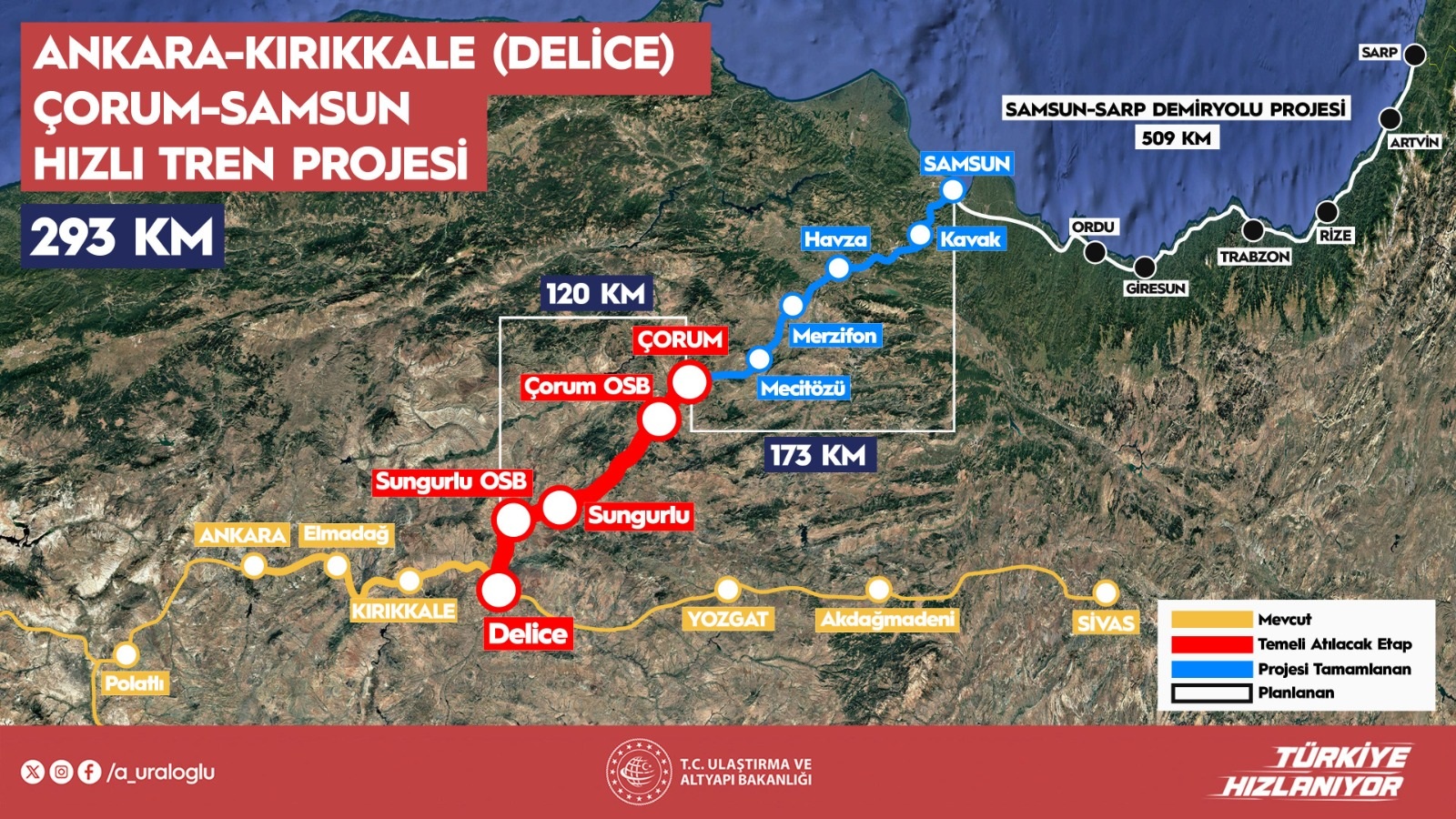 Ulaştırma ve Altyapı Bakanı Abdulkadir Uraloğlu, Ankara-Kırıkkale-Çorum-Samsun Hızlı Demiryolu Projesi’nin