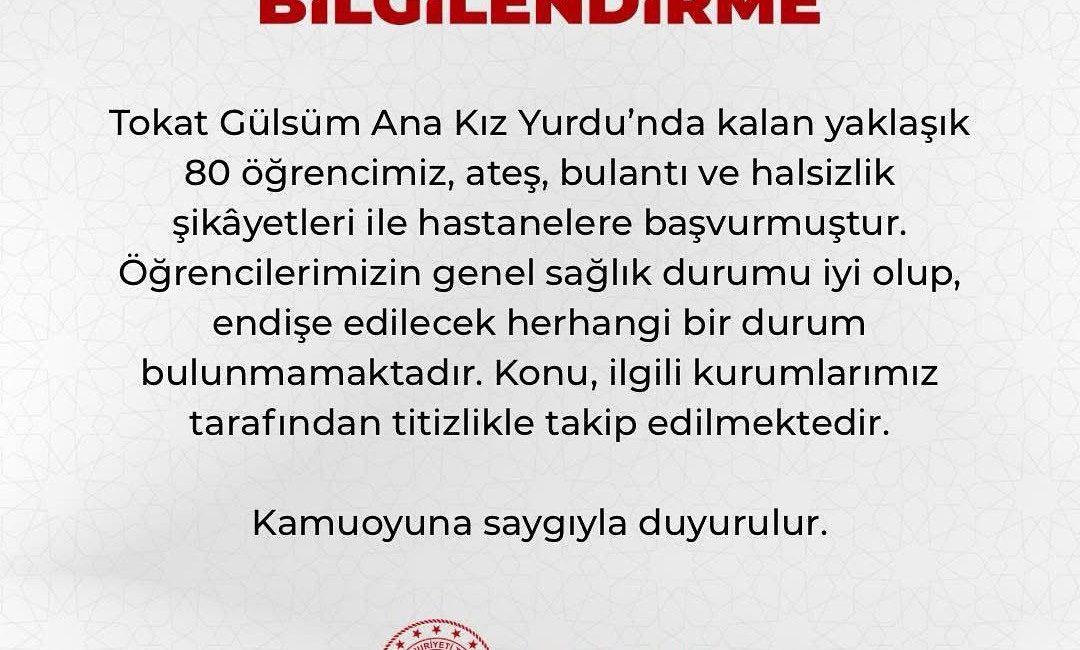Tokat’ta KYK Yurdunda 80 Öğrenci Gıda Zehirlenmesi Şüphesiyle Hastaneye Başvurdu Tokat’ta bir yükseköğretim yurdunda kalan 80 kız öğrenci, akşam yemeği