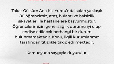 Tokat’ta bir yükseköğretim yurdunda kalan 80 kız öğrenci, akşam yemeği