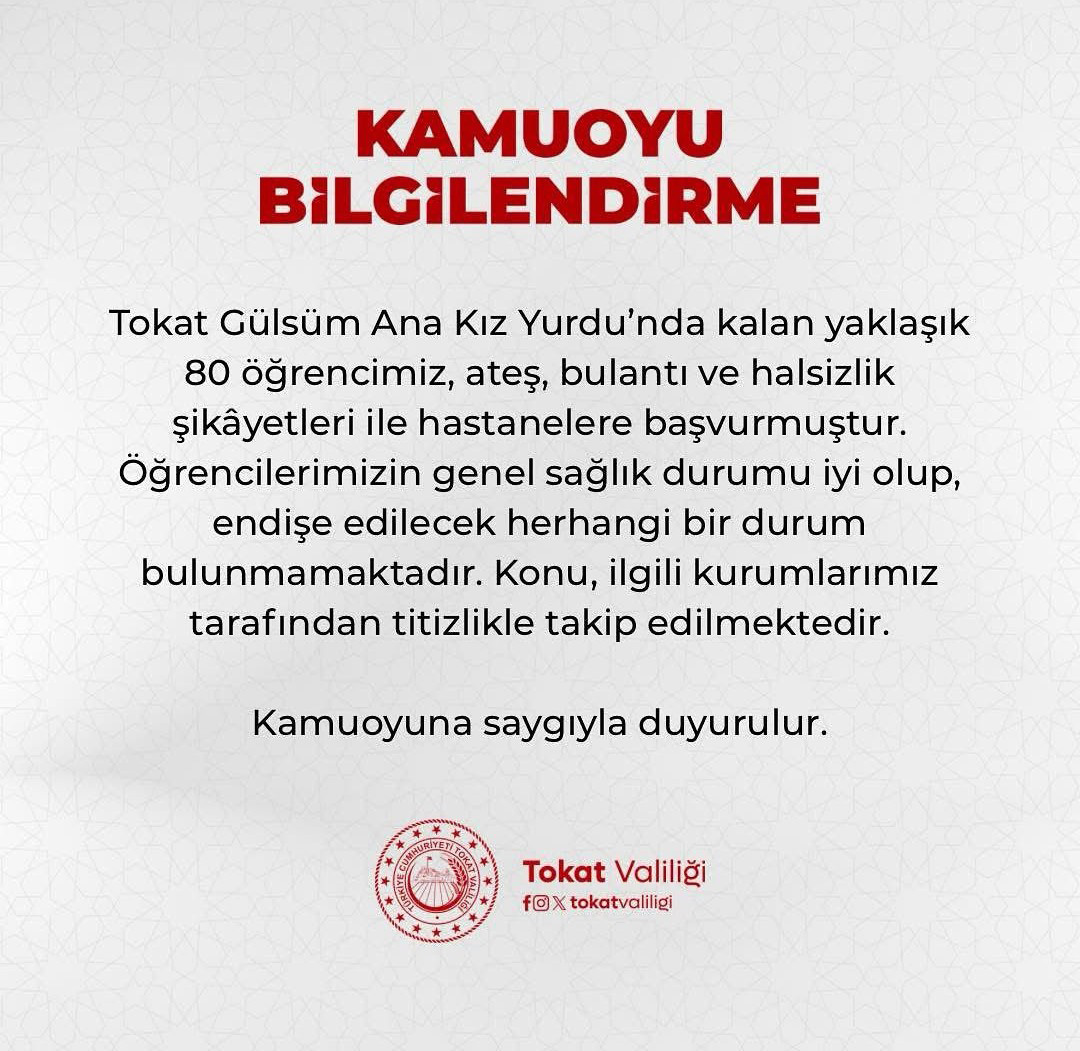 Tokat’ta bir yükseköğretim yurdunda kalan 80 kız öğrenci, akşam yemeği