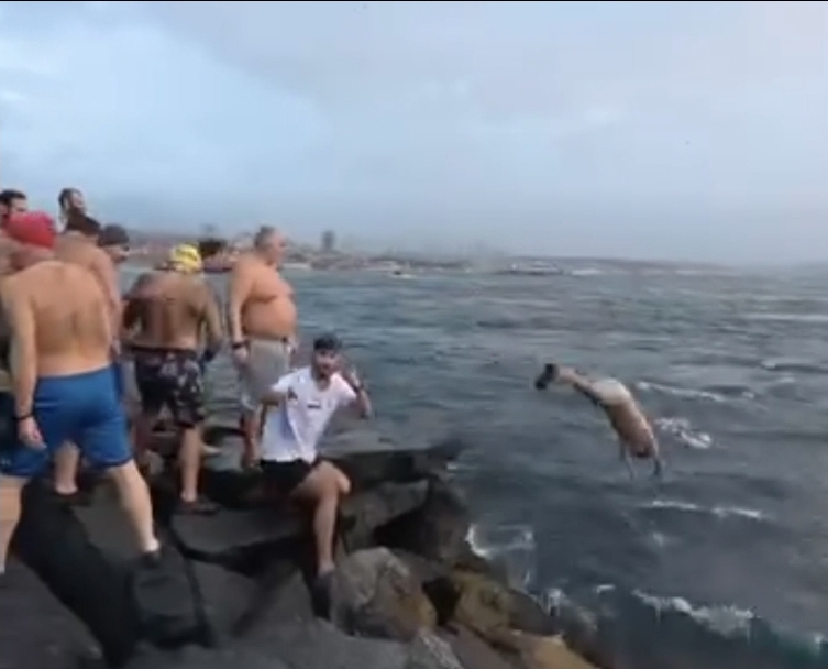 Sarayburnu Sahili’nde Toplanan Bir Grup Vatandaş, Dondurucu Soğuğa Rağmen Denize