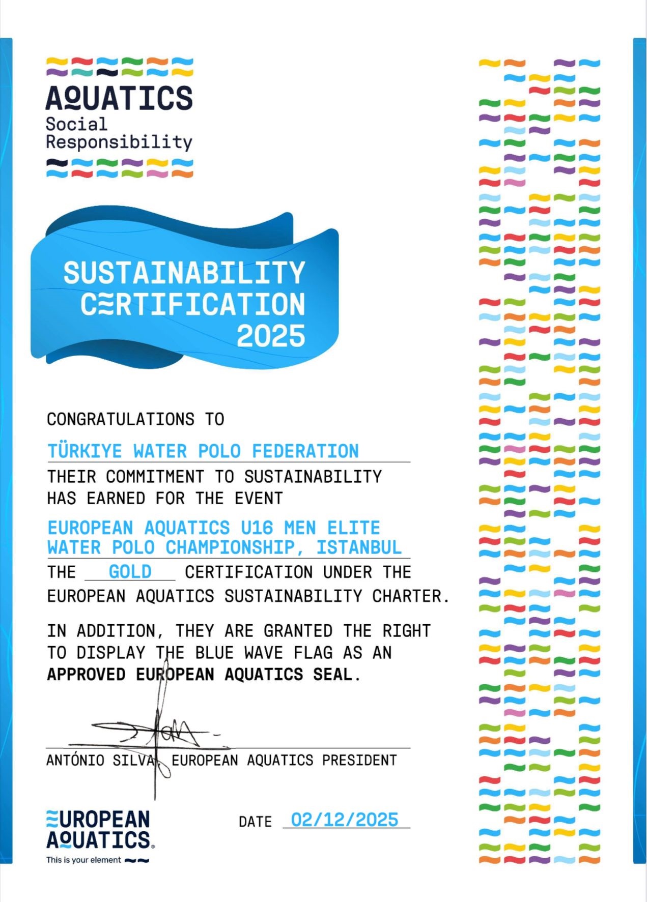 İstanbul’da düzenlenen U16 Avrupa Sutopu Şampiyonaları’nda sergilediği sürdürülebilirlik uygulamalarıyla tam