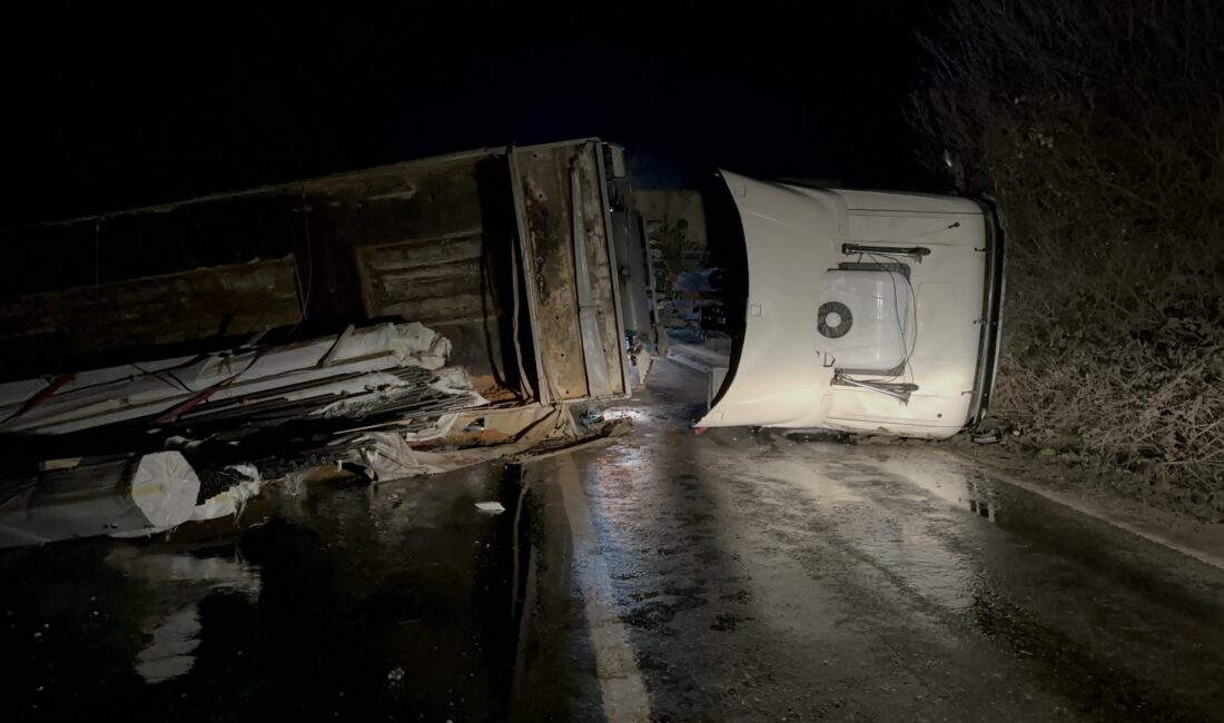 Bursa’nın İznik ilçesinde demir profil taşıyan bir TIR’ın devrilmesi sonucu